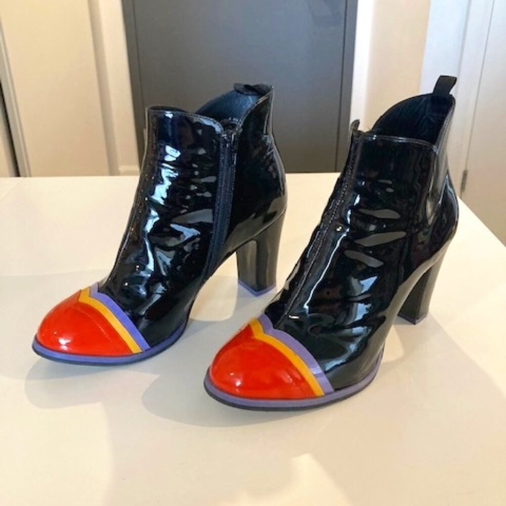 John Fluevog Black Patent Leather Heeled Ankle Booties